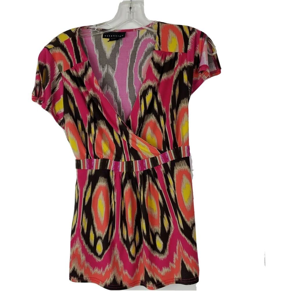 Attention Pink Tie Waist V-Neck Pullover Geometric Blouse Size‎ M GUC